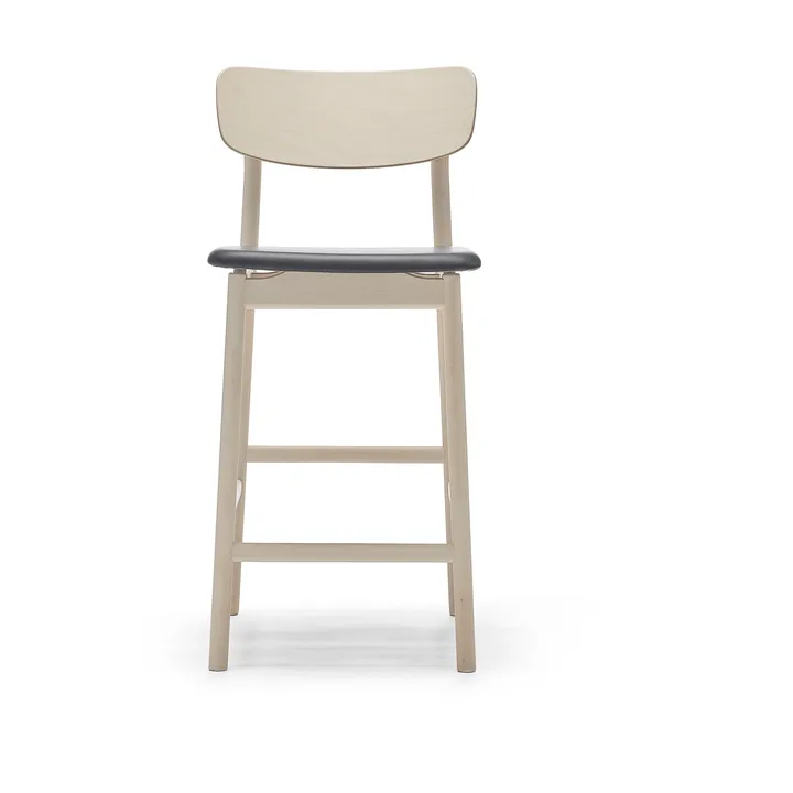 Cadeira bar Prima Vista - Couro preto Elmosoft, estrutura madeira branca verniz, 65 cm - Stolab