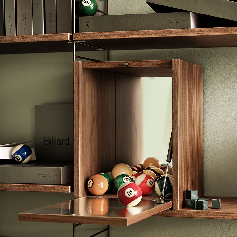 Armário bar String, nogueira, interior da porta em aço inoxidável, fundo em vidro espelhado String