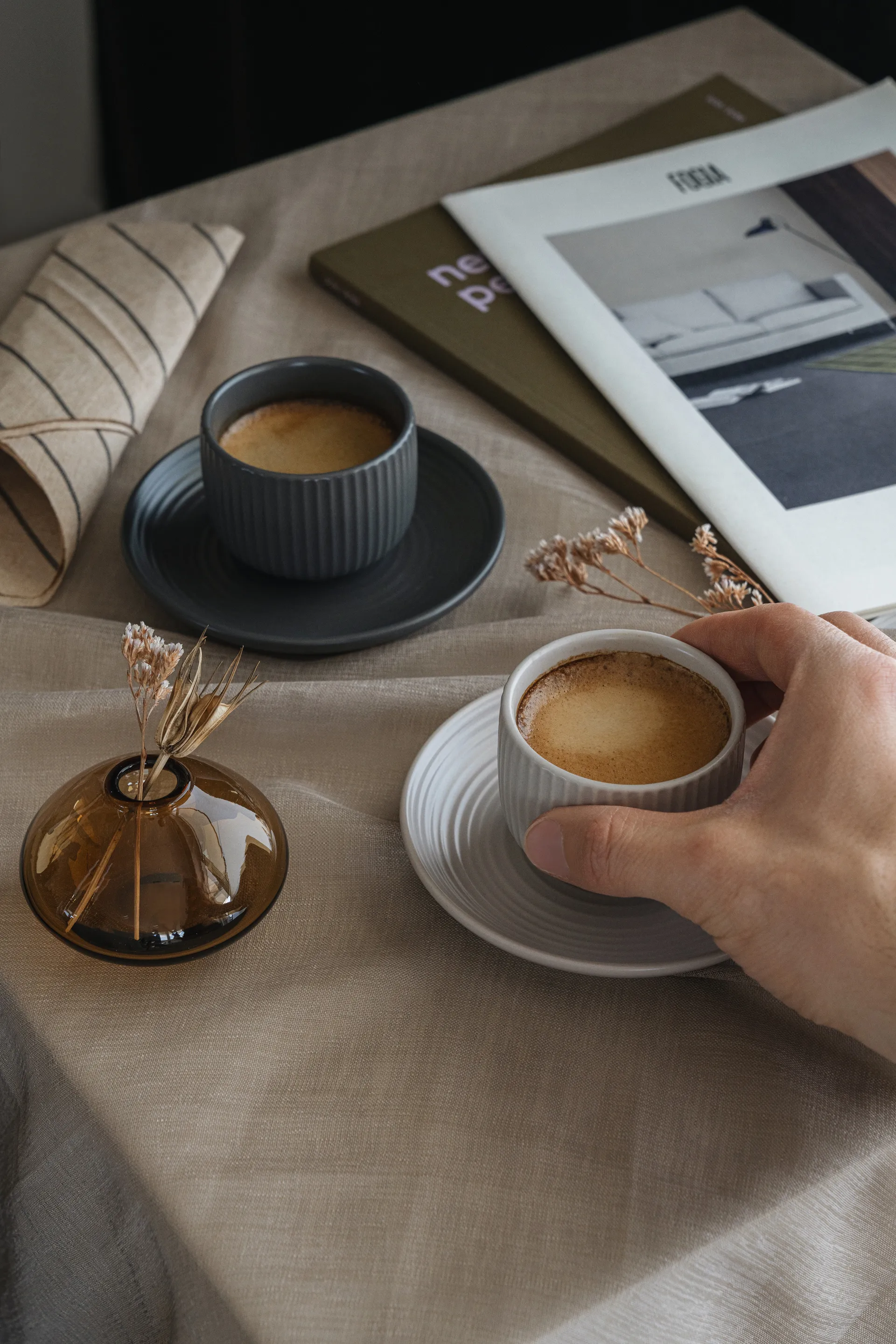 Duga xícara espresso com pires 4 un., Branco-cinza areia-antracite preto Vargen & Thor