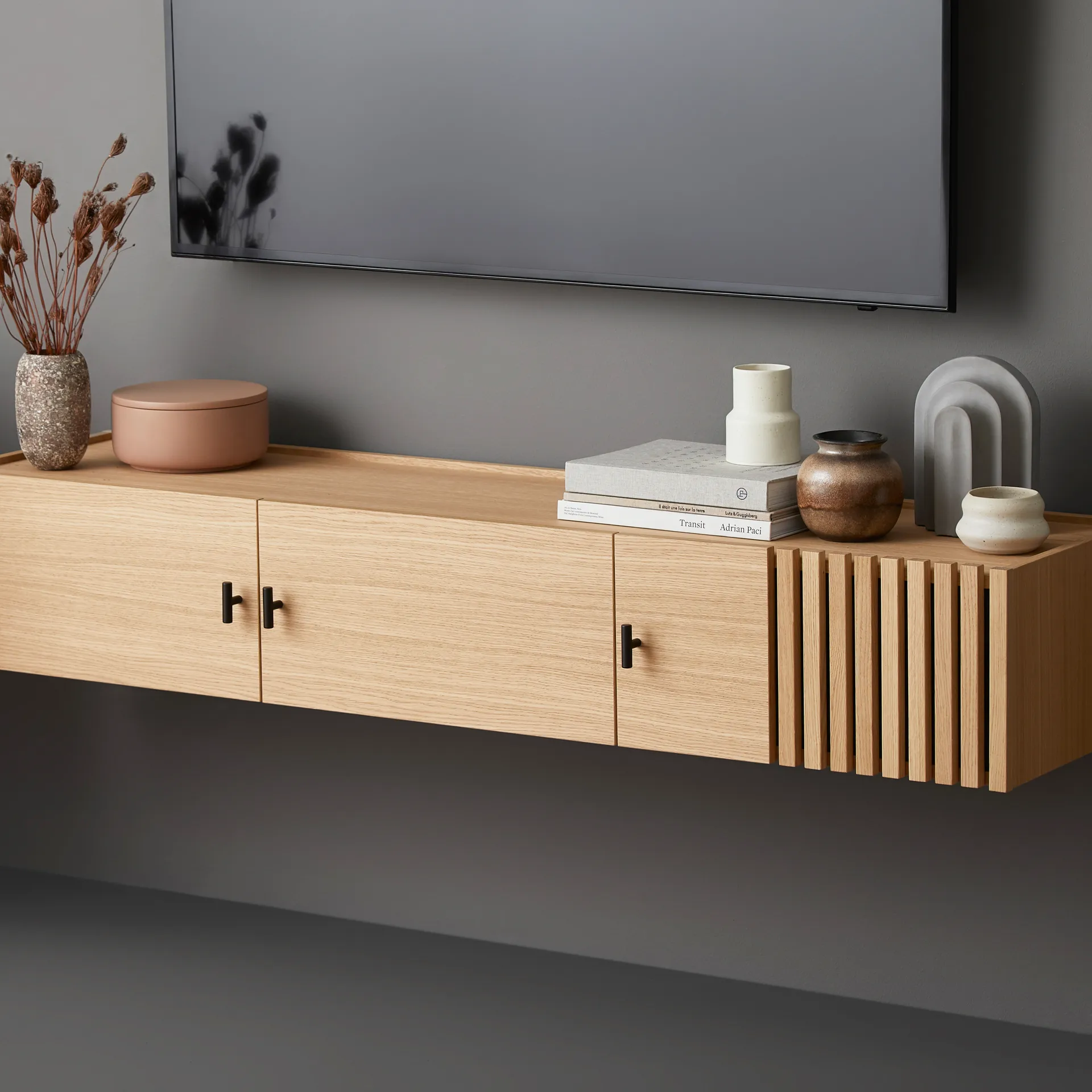 Apoio de livros Arkiv, cimento cinza Woud