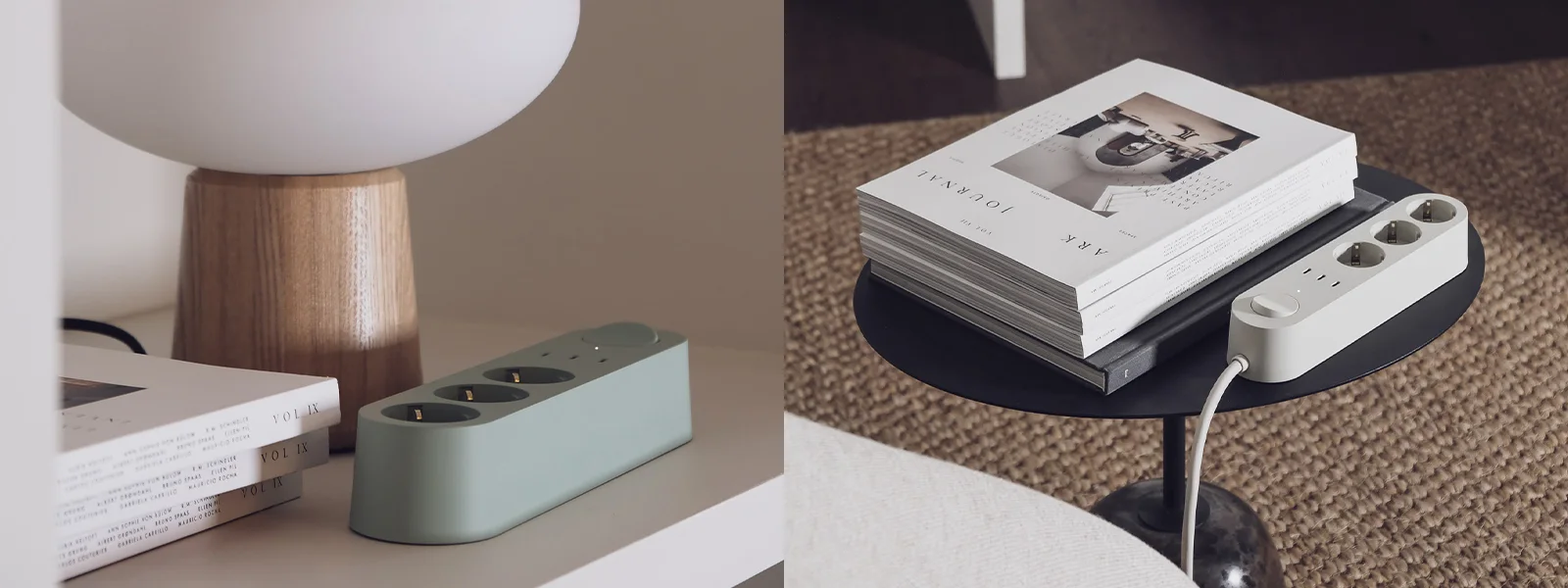 Duas tomadas múltiplas em ambientes minimalistas. Uma é verde claro, numa prateleira com um candeeiro e livros. A outra é cinza claro, numa mesa com revistas.