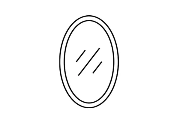 Um espelho oval com linhas diagonais que indicam reflexo.