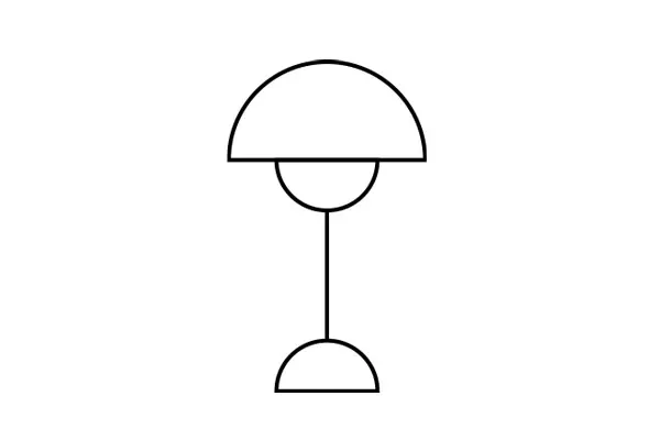 Desenho de linha de um candeeiro de mesa com abajur e base em forma de cúpula.
