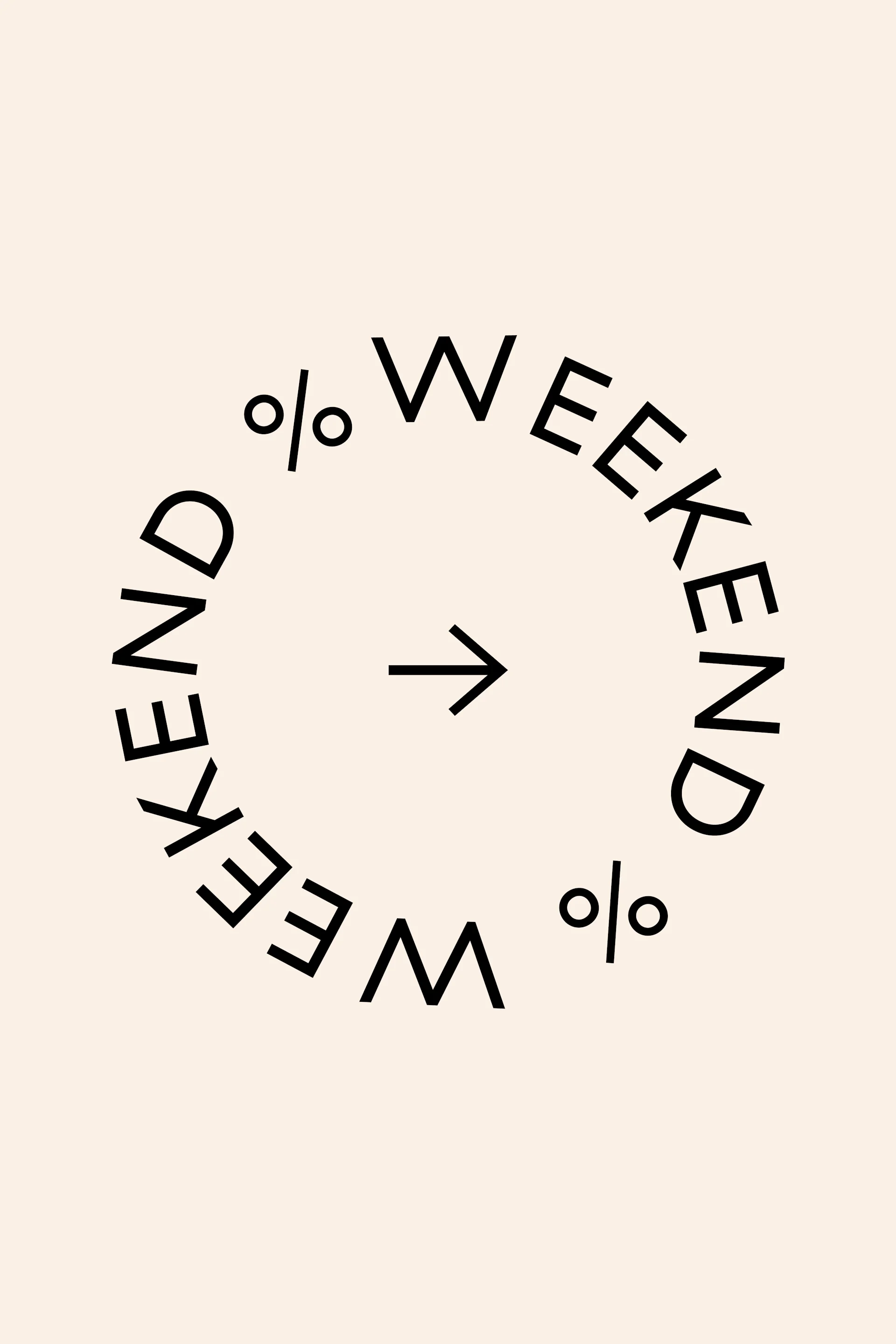 A palavra "WEEKEND" e sinais de porcentagem dispostos em círculo, com uma seta apontando para a direita no centro.
