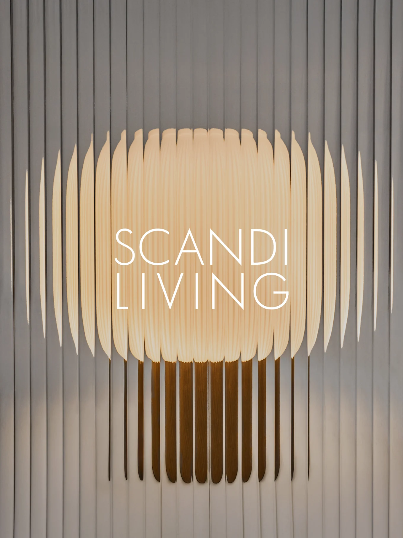 Texto "SCANDI LIVING" em uma peça de arte de parede de ripas de madeira clara com um padrão de onda contra um fundo cinza canelado.