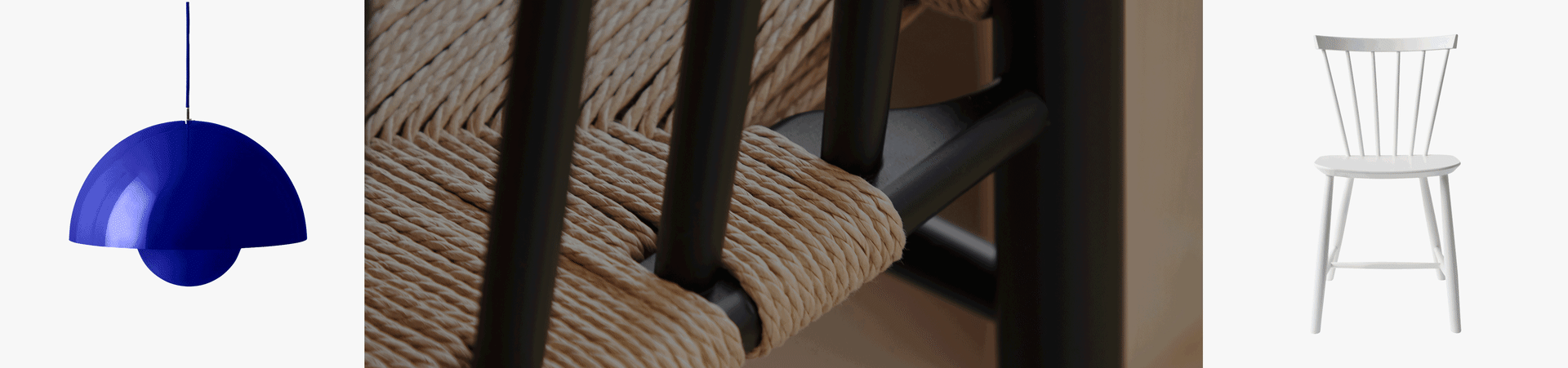 Candeeiro pendente azul, close-up de cadeira com assento de fibra natural, e cadeira branca de madeira com encosto.