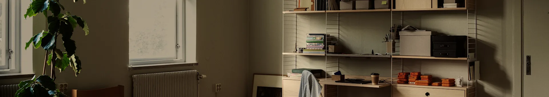 Um escritório doméstico organizado com uma planta grande perto de uma janela e uma estante de madeira cheia de livros, caixas e discos rígidos portáteis laranja.